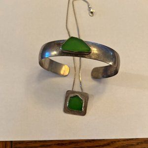 Jade and silver pendant necklace and bangle bracelet Set